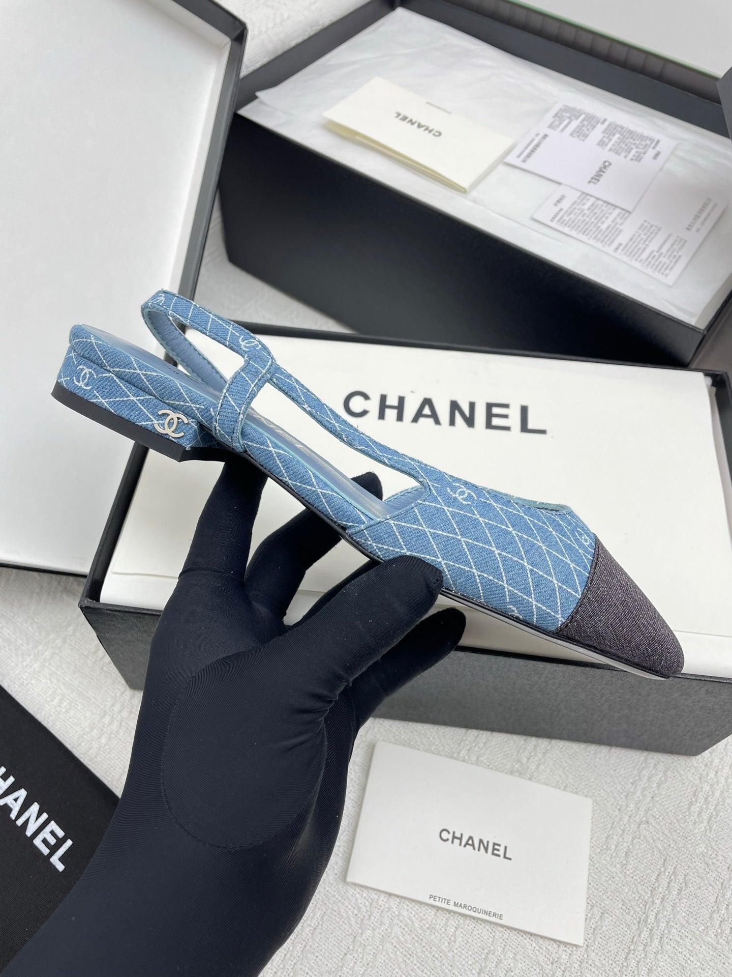 CC SLINGBACK 25S 25 MM IN BLUE DENIM WITH PLAID PATTERN