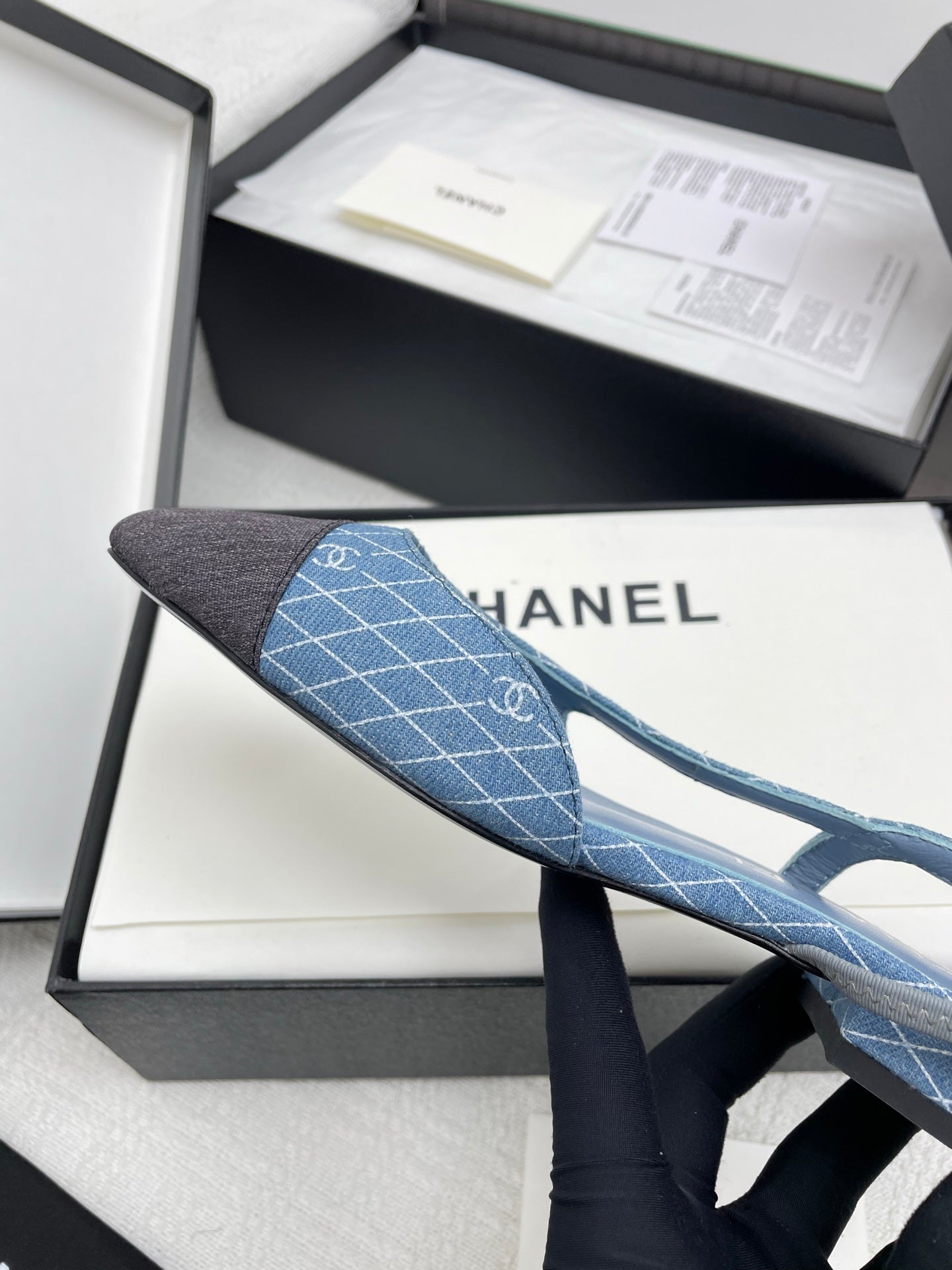 CC SLINGBACK 25S 25 MM IN BLUE DENIM WITH PLAID PATTERN