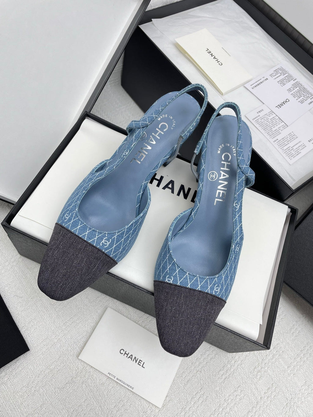 CC SLINGBACK 25S 65 MM IN BLUE DENIM WITH PLAID PATTERN