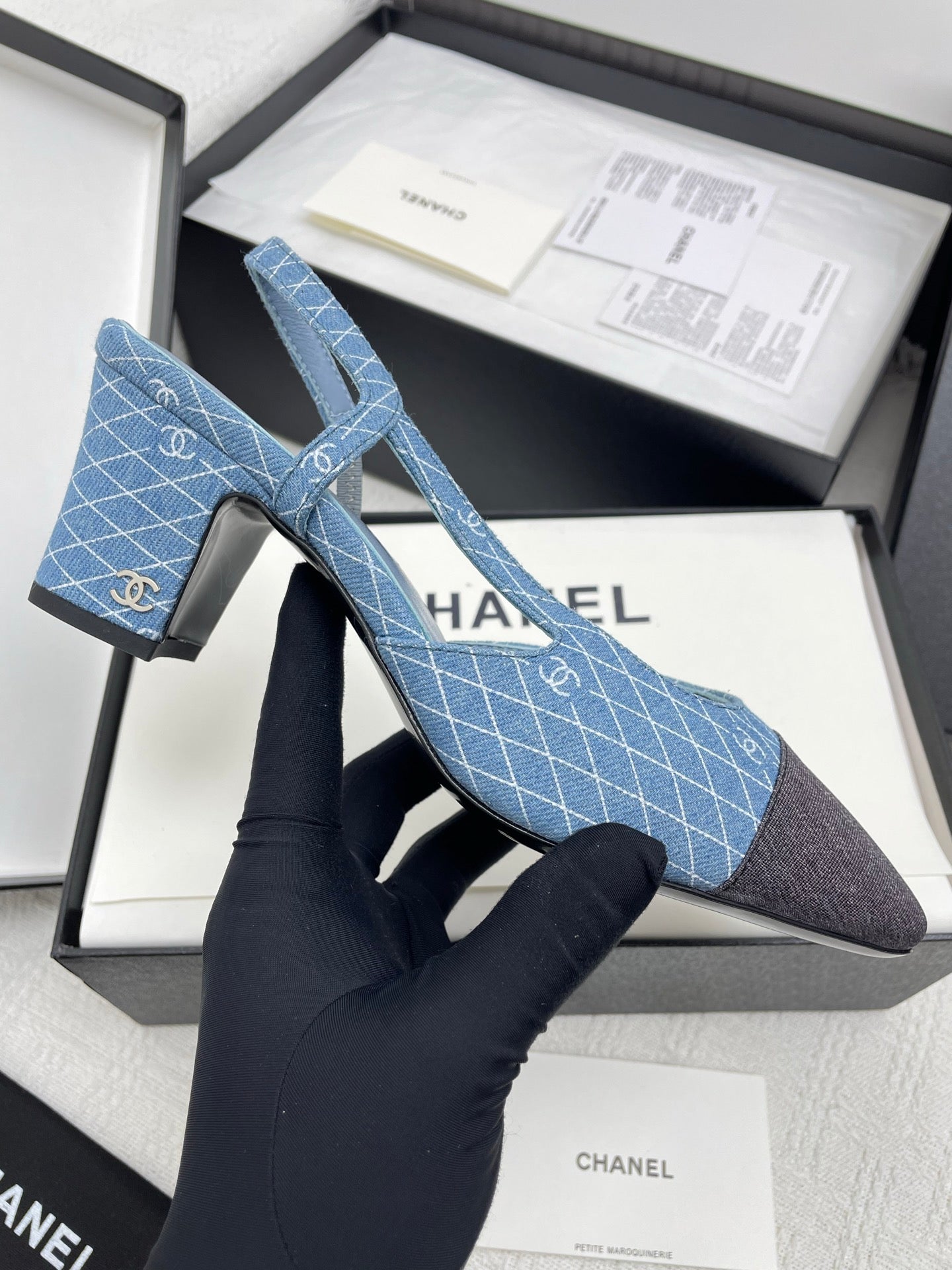 CC SLINGBACK 25S 65 MM IN BLUE DENIM WITH PLAID PATTERN