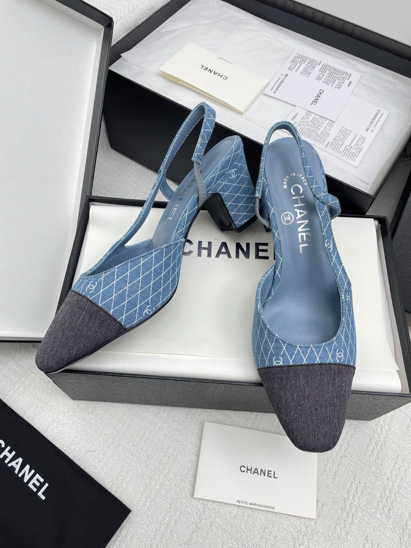 CC SLINGBACK 25S 65 MM IN BLUE DENIM WITH PLAID PATTERN