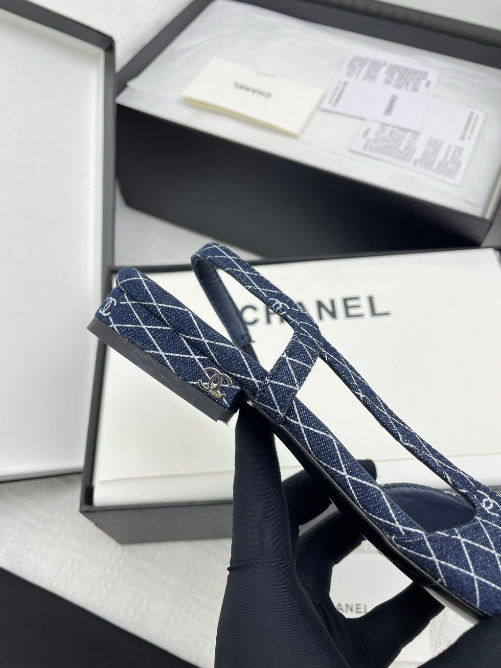CC SLINGBACK 25S 25 MM IN NAVY BLUE DENIM WITH PLAID PATTERN