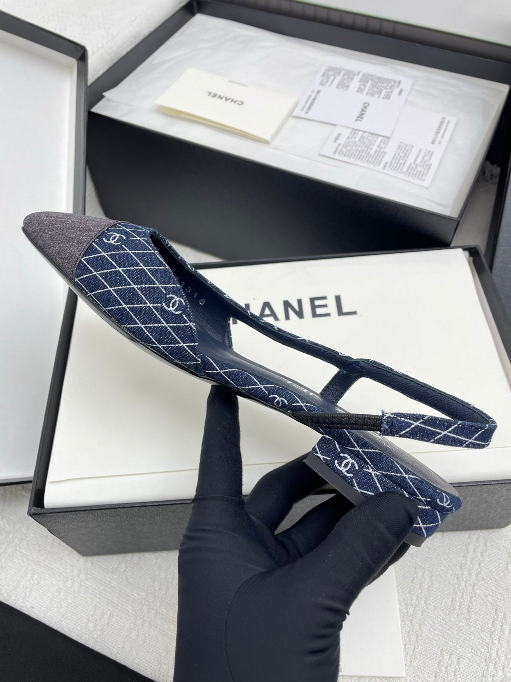 CC SLINGBACK 25S 25 MM IN NAVY BLUE DENIM WITH PLAID PATTERN