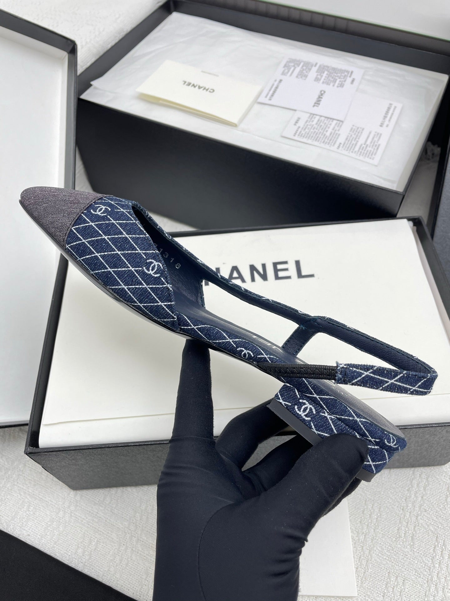 CC SLINGBACK 25S 25 MM IN NAVY BLUE DENIM WITH PLAID PATTERN