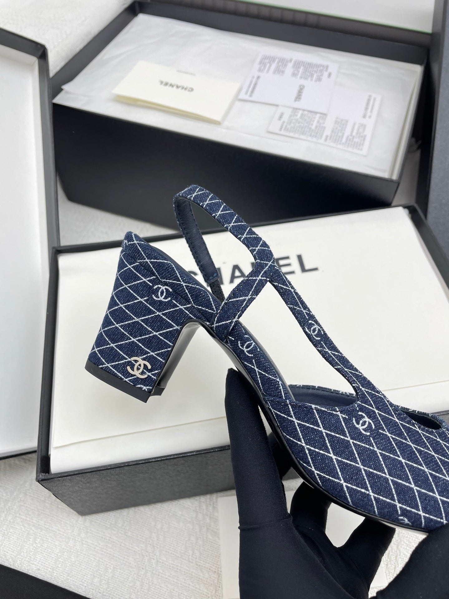 CC SLINGBACK 25S 65 MM IN NAVY BLUE DENIM WITH PLAID PATTERN