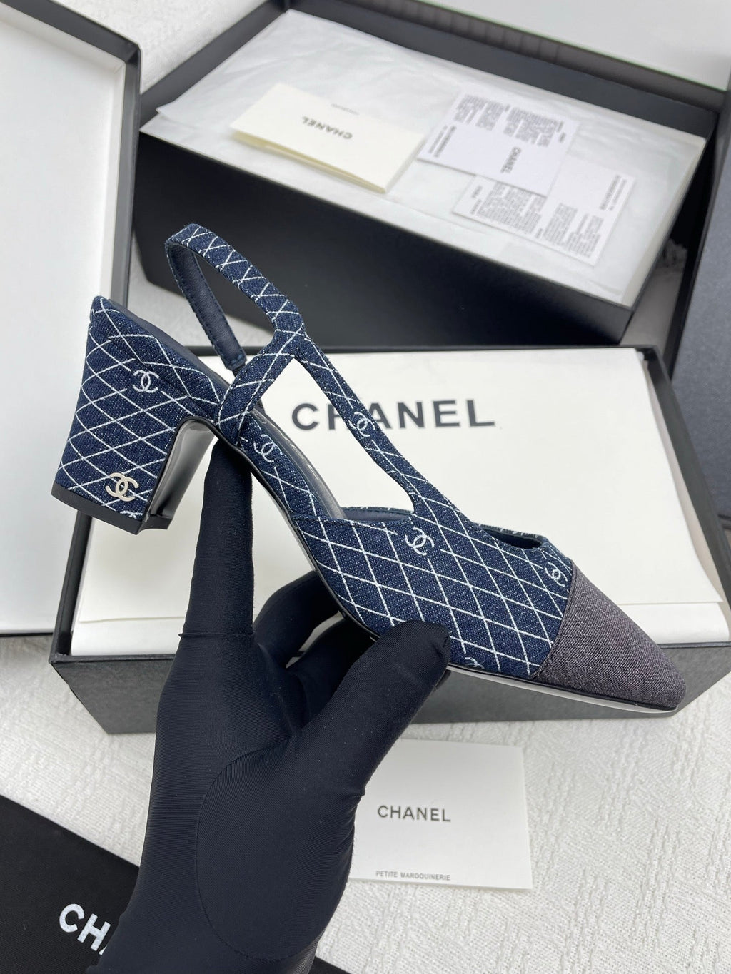 CC SLINGBACK 25S 65 MM IN NAVY BLUE DENIM WITH PLAID PATTERN
