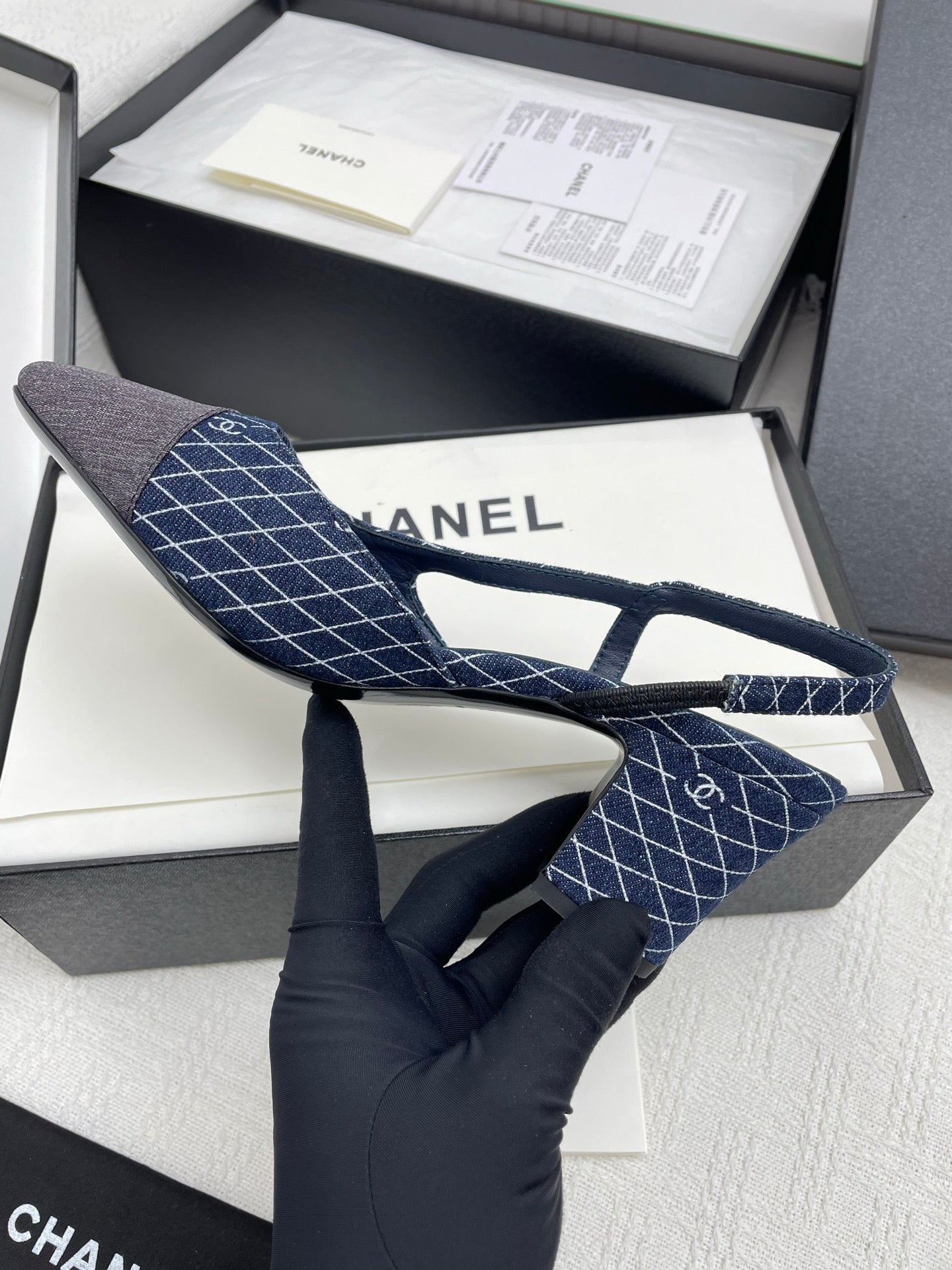 CC SLINGBACK 25S 65 MM IN NAVY BLUE DENIM WITH PLAID PATTERN