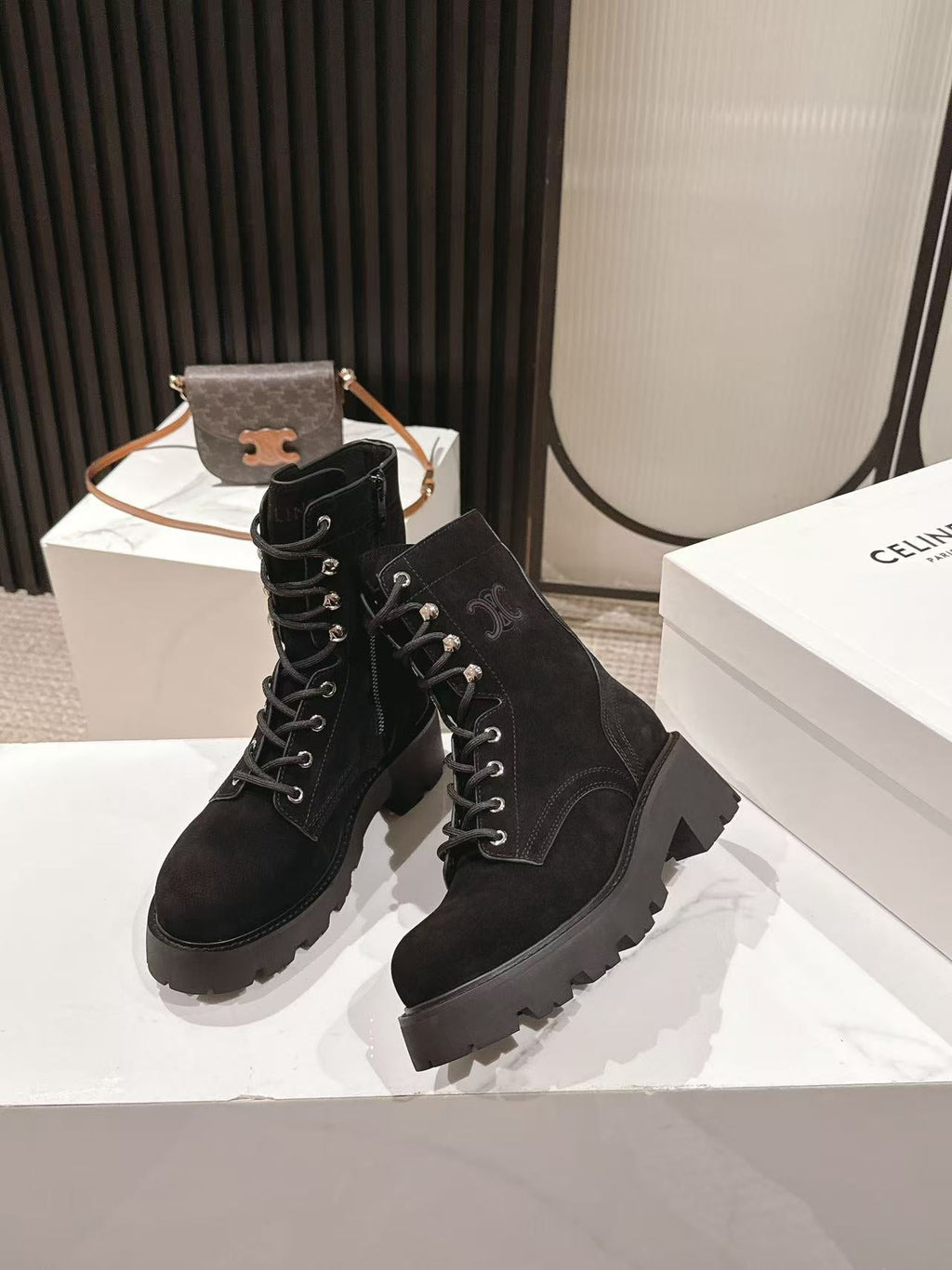 CELINE 25S HIGH HEELED LACE UP BOOTS 50MM IN BLACK SUEDE