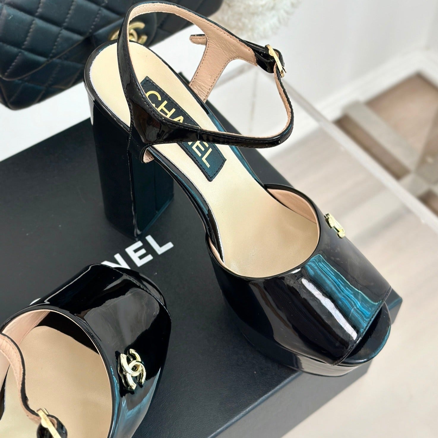 Double C High Heel Sandals Black Leather