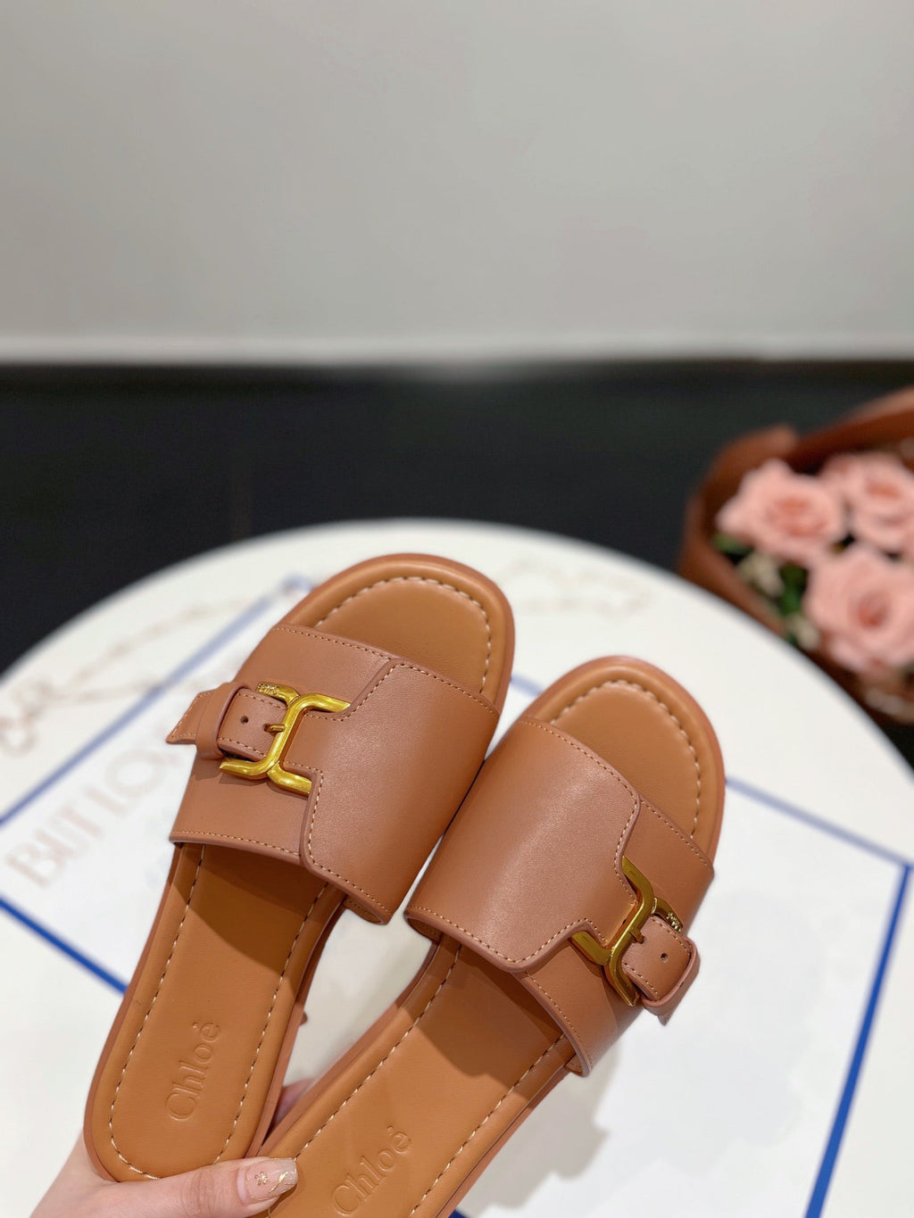 CHLO¨¦ HLOE MARCIE SLIDE IN BRONZE BROWN CALFSKIN WITH GOLD HARDWARE