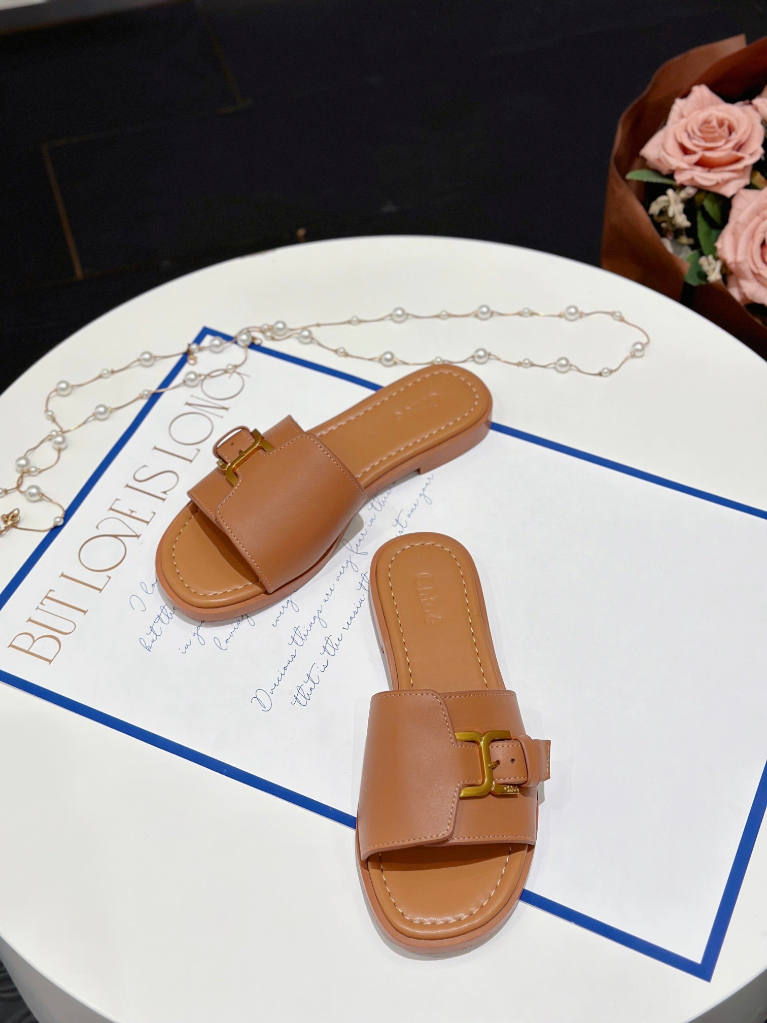 CHLO¨¦ HLOE MARCIE SLIDE IN BRONZE BROWN CALFSKIN WITH GOLD HARDWARE