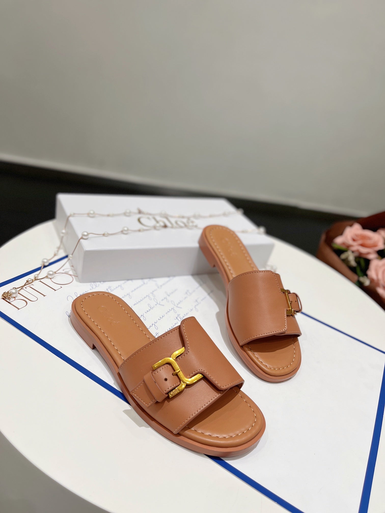 CHLO¨¦ HLOE MARCIE SLIDE IN BRONZE BROWN CALFSKIN WITH GOLD HARDWARE