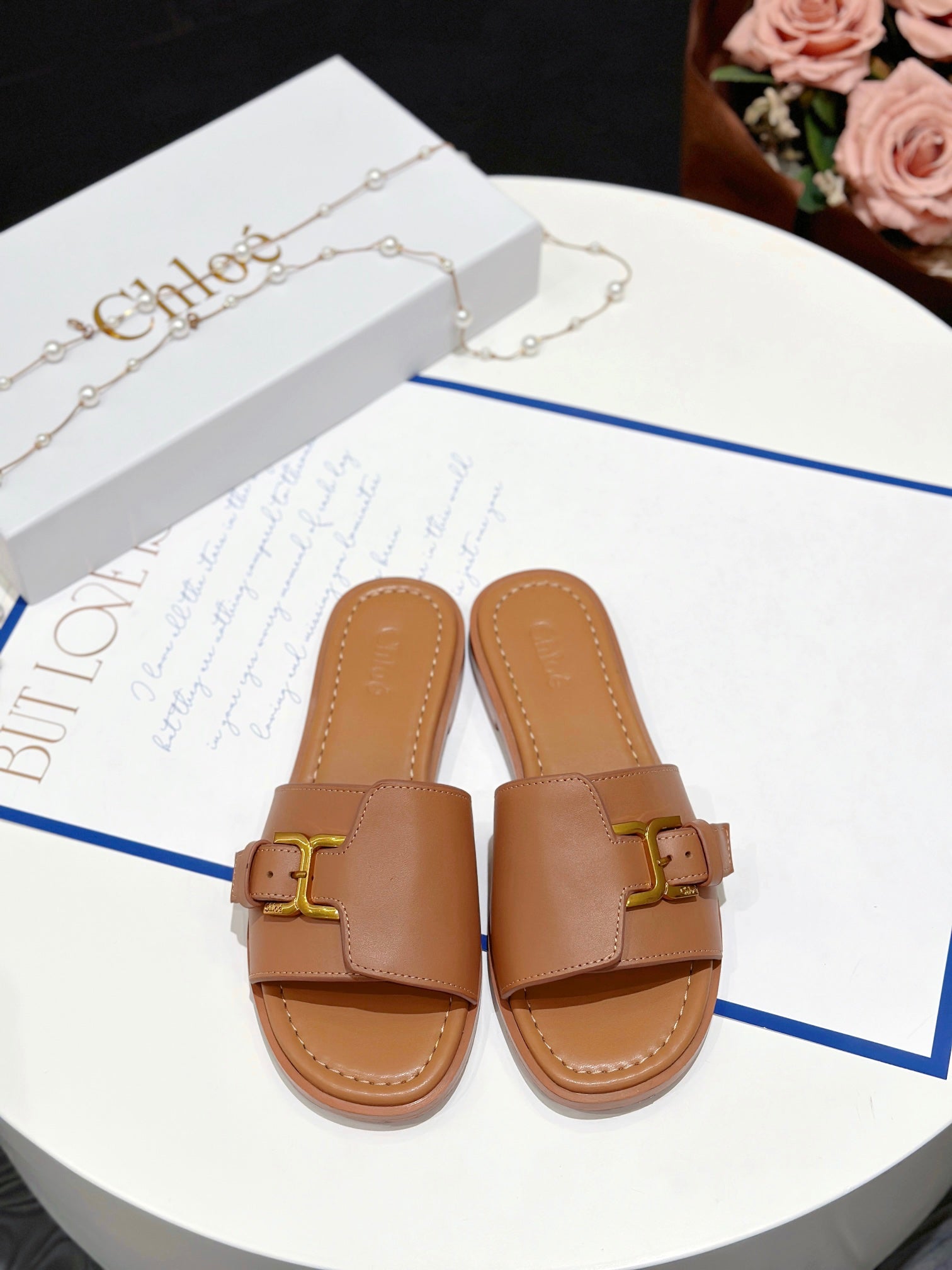 CHLO¨¦ HLOE MARCIE SLIDE IN BRONZE BROWN CALFSKIN WITH GOLD HARDWARE