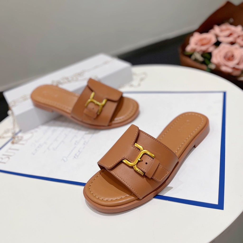 CHLO¨¦ HLOE MARCIE SLIDE IN BRONZE BROWN CALFSKIN WITH GOLD HARDWARE