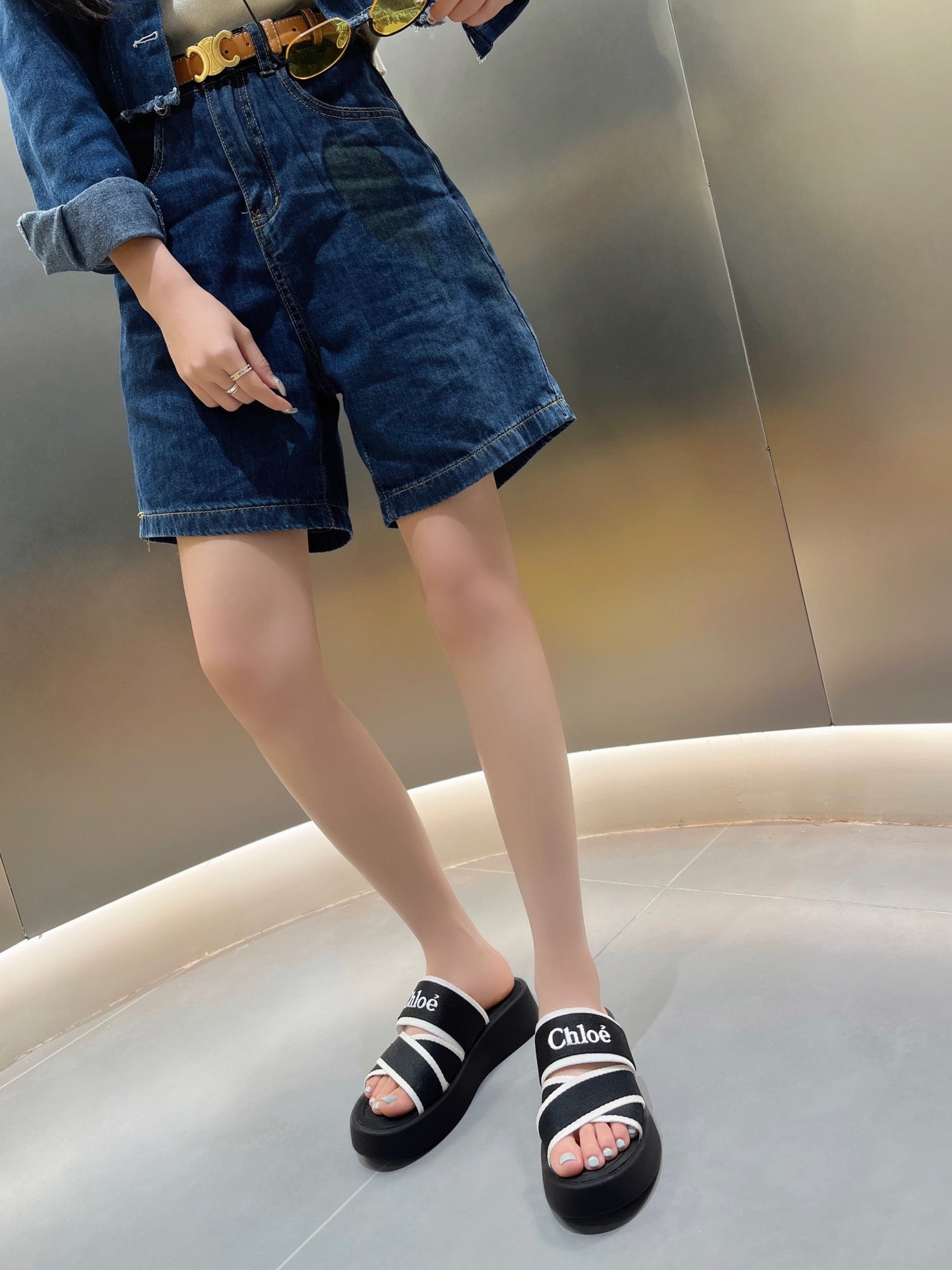 CHLO¨¦ PLATFORM SANDALS IN BLACK MIX WHITE DENSITY KNIT