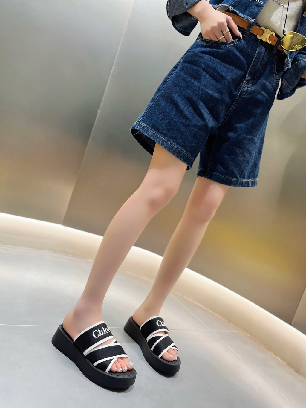 CHLO¨¦ PLATFORM SANDALS IN BLACK MIX WHITE DENSITY KNIT