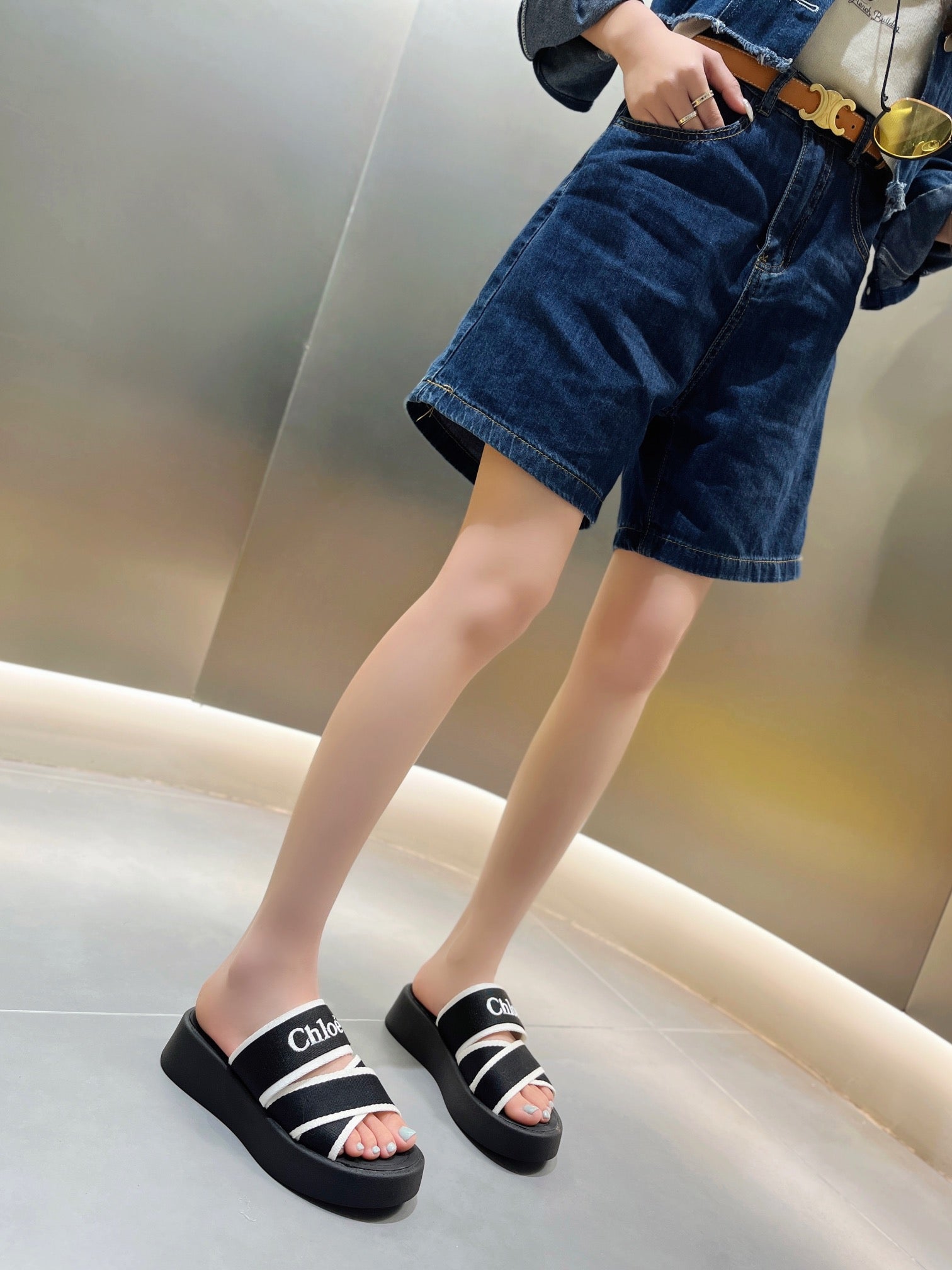 CHLO¨¦ PLATFORM SANDALS IN BLACK MIX WHITE DENSITY KNIT