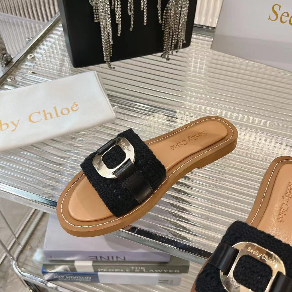 CHLO¨¦ WOVEN SLIDE MULE IN BLACK WOOL AND BROWN LAMBSKIN GOLD HARDWARE