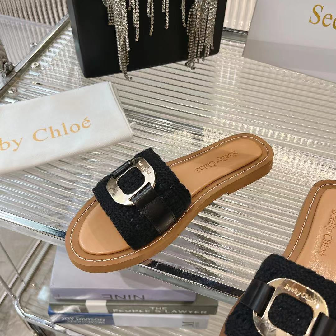 CHLO¨¦ WOVEN SLIDE MULE IN BLACK WOOL AND BROWN LAMBSKIN GOLD HARDWARE