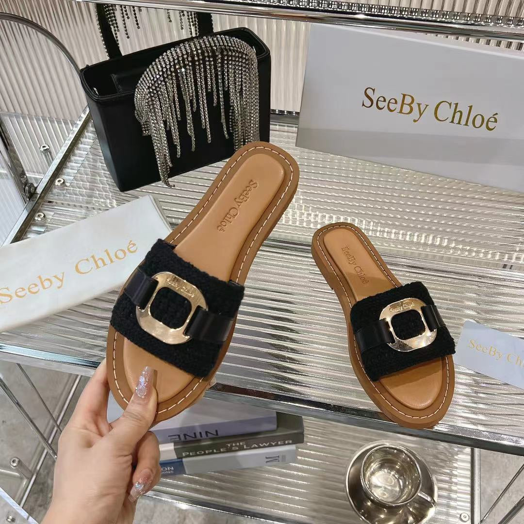 CHLO¨¦ WOVEN SLIDE MULE IN BLACK WOOL AND BROWN LAMBSKIN GOLD HARDWARE