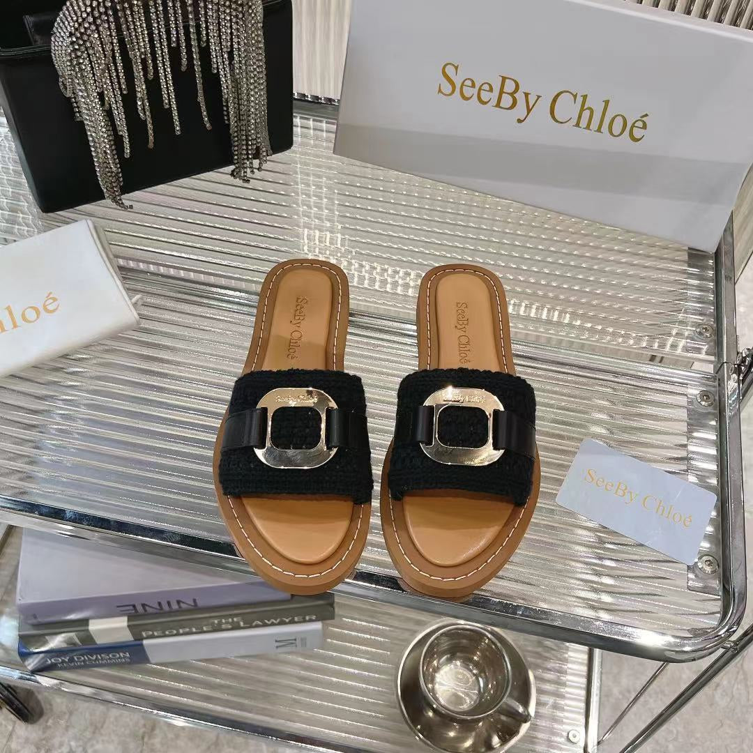 CHLO¨¦ WOVEN SLIDE MULE IN BLACK WOOL AND BROWN LAMBSKIN GOLD HARDWARE