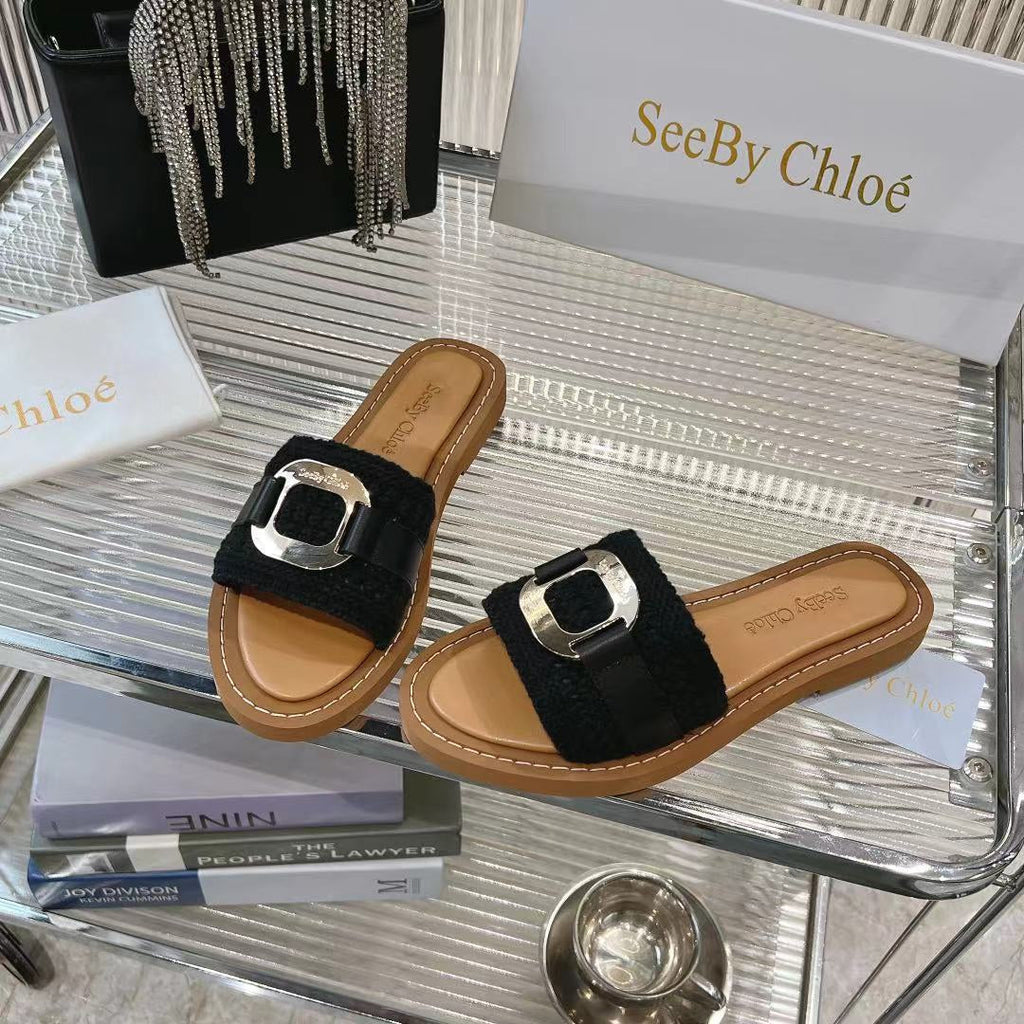 CHLO¨¦ WOVEN SLIDE MULE IN BLACK WOOL AND BROWN LAMBSKIN GOLD HARDWARE