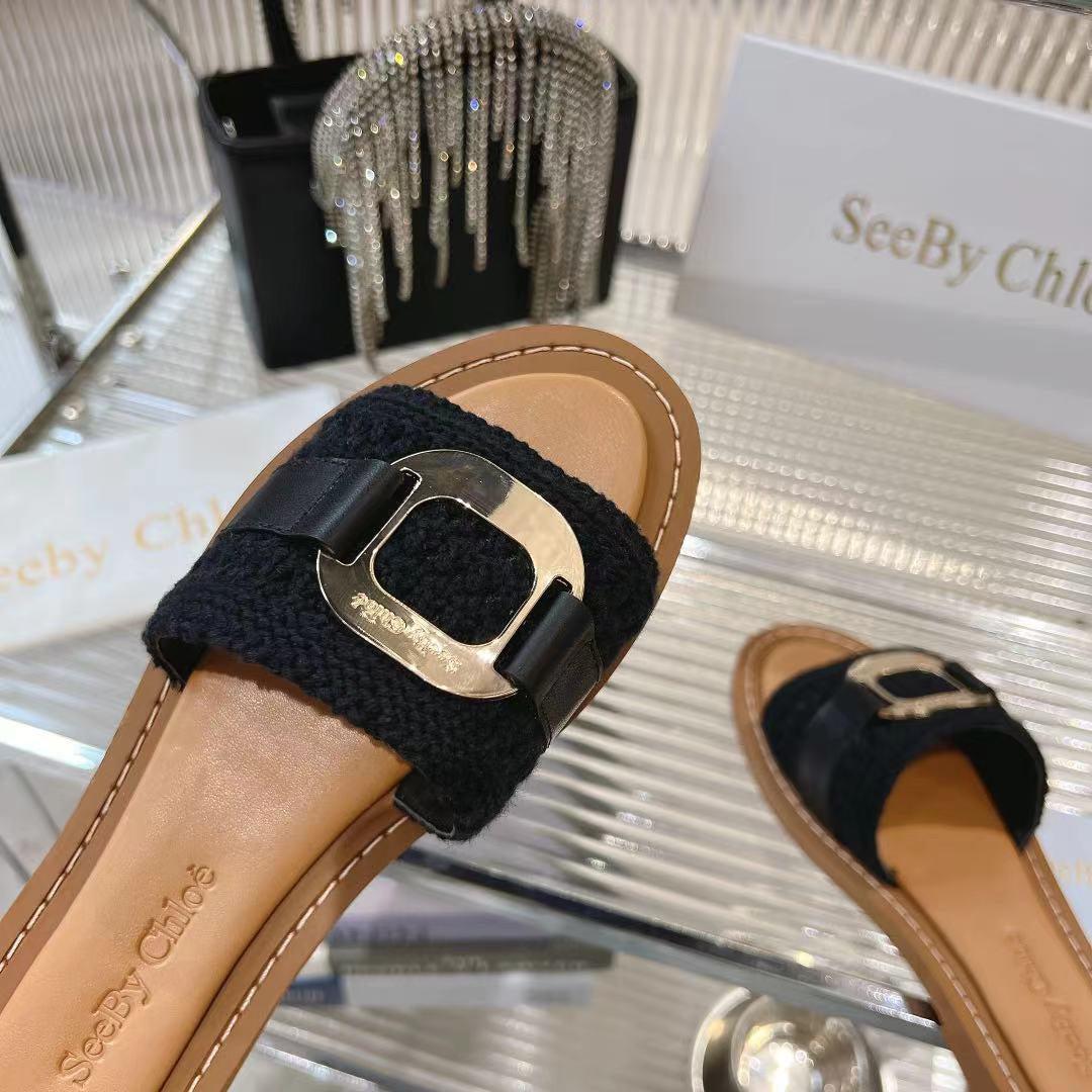 CHLO¨¦ WOVEN SLIDE MULE IN BLACK WOOL AND BROWN LAMBSKIN GOLD HARDWARE