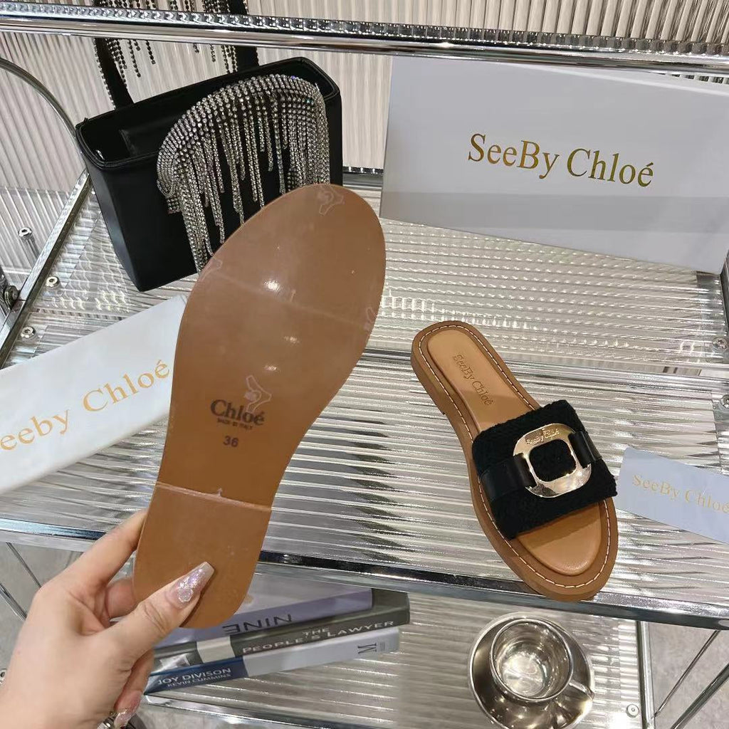 CHLO¨¦ WOVEN SLIDE MULE IN BLACK WOOL AND BROWN LAMBSKIN GOLD HARDWARE