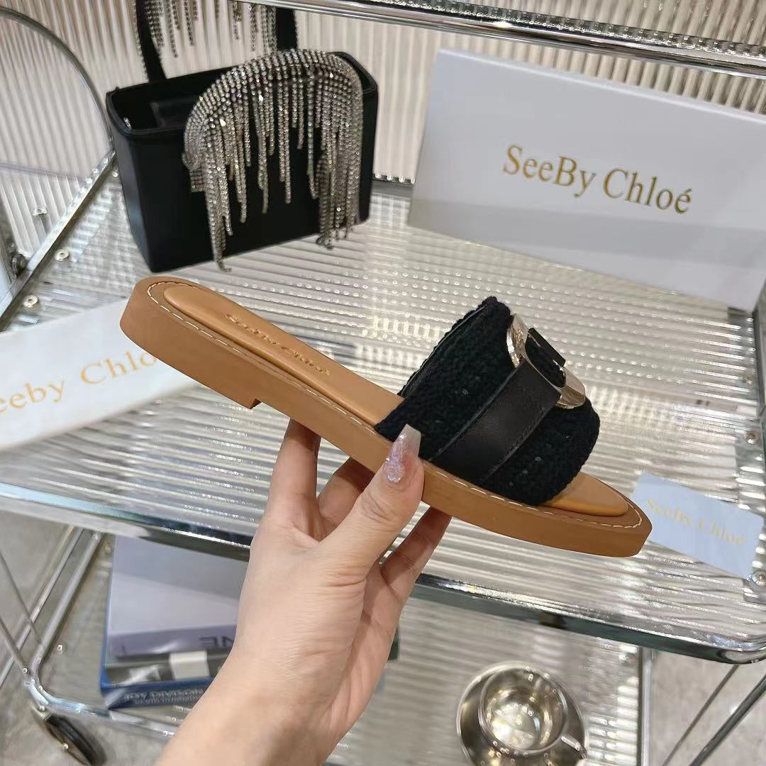 CHLO¨¦ WOVEN SLIDE MULE IN BLACK WOOL AND BROWN LAMBSKIN GOLD HARDWARE