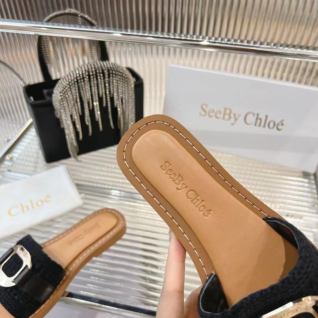 WOVEN SLIDE MULE IN BLACK WOOL AND BROWN LAMBSKIN GOLD HARDWARE
