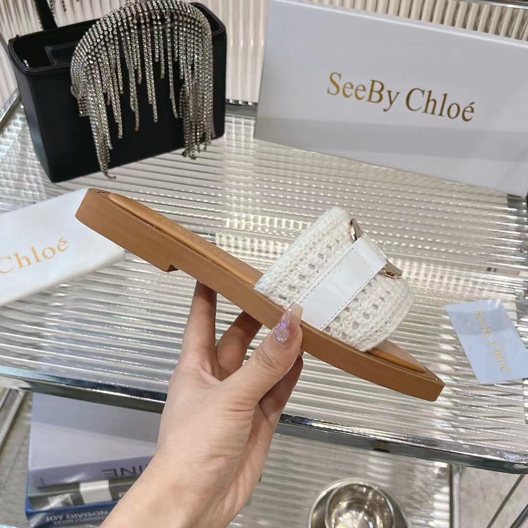 CHLO¨¦ WOVEN SLIDE MULE IN WHITE WOOL AND BROWN LAMBSKIN GOLD HARDWARE