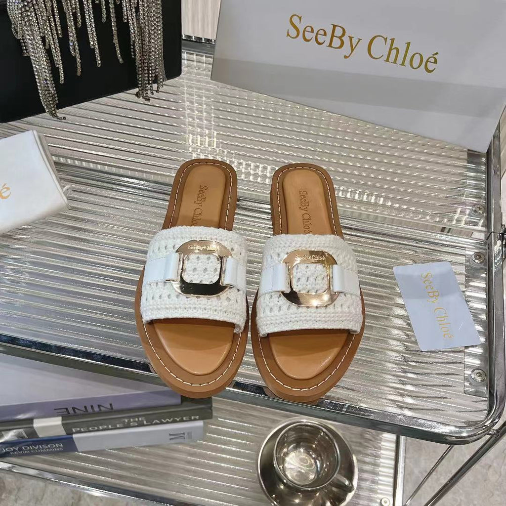 CHLO¨¦ WOVEN SLIDE MULE IN WHITE WOOL AND BROWN LAMBSKIN GOLD HARDWARE