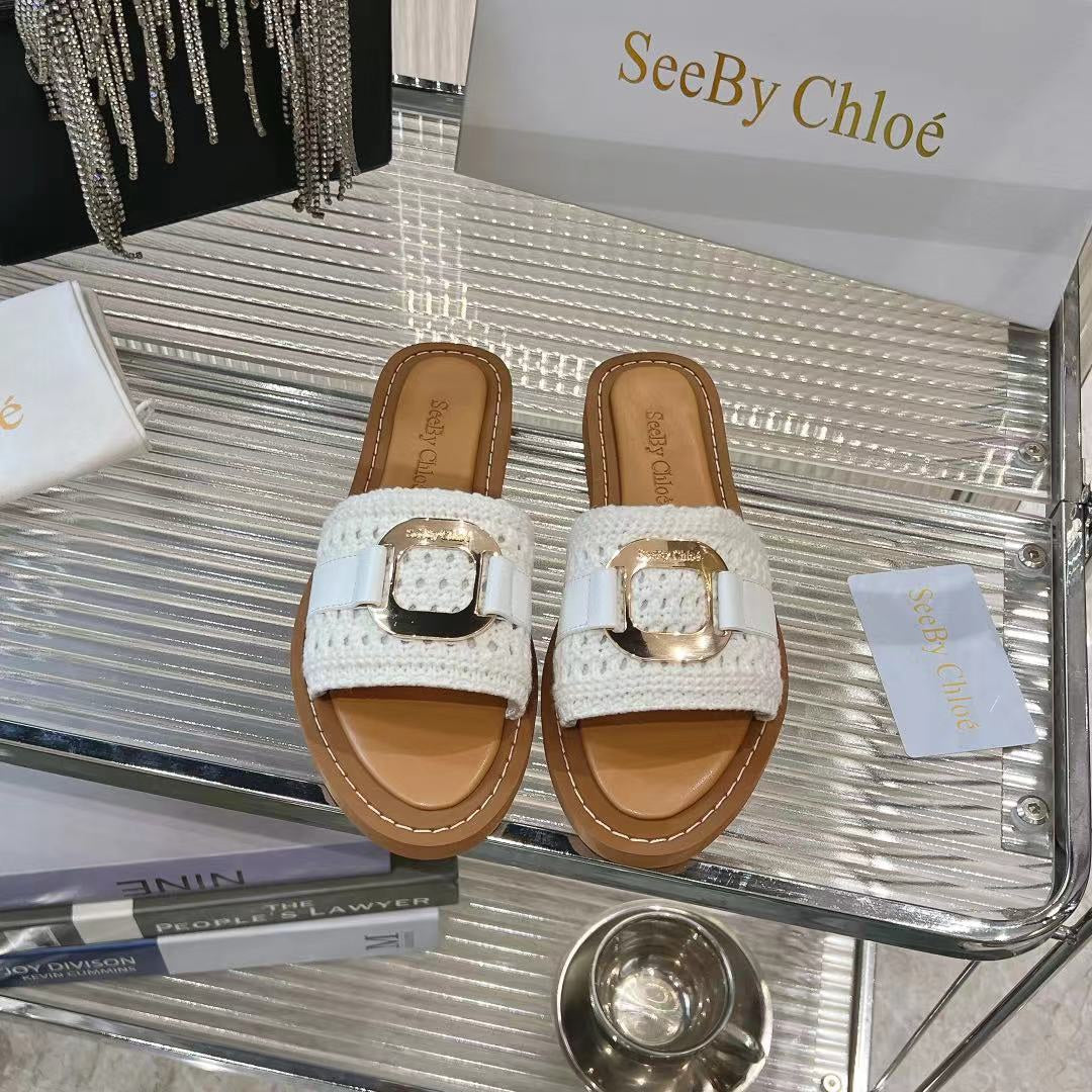CHLO¨¦ WOVEN SLIDE MULE IN WHITE WOOL AND BROWN LAMBSKIN GOLD HARDWARE