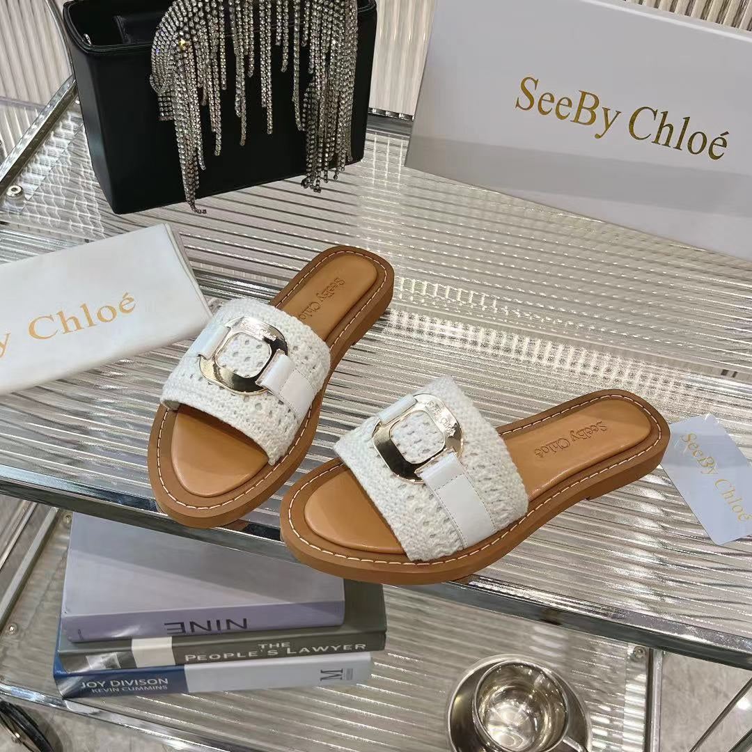 CHLO¨¦ WOVEN SLIDE MULE IN WHITE WOOL AND BROWN LAMBSKIN GOLD HARDWARE