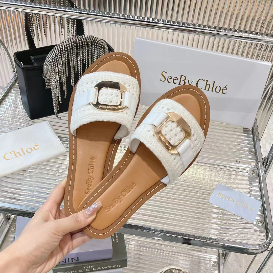 CHLO¨¦ WOVEN SLIDE MULE IN WHITE WOOL AND BROWN LAMBSKIN GOLD HARDWARE