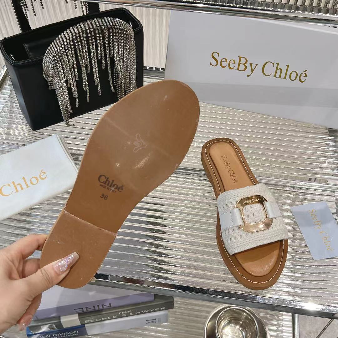 CHLO¨¦ WOVEN SLIDE MULE IN WHITE WOOL AND BROWN LAMBSKIN GOLD HARDWARE