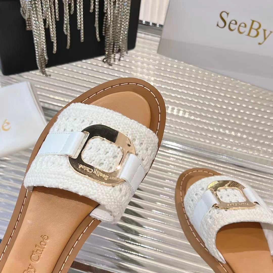 CHLO¨¦ WOVEN SLIDE MULE IN WHITE WOOL AND BROWN LAMBSKIN GOLD HARDWARE