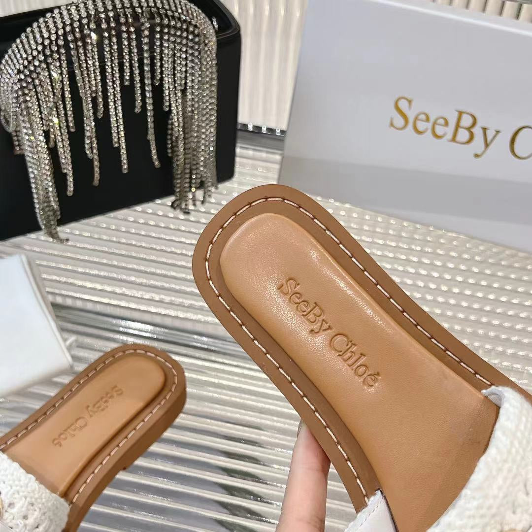 CHLO¨¦ WOVEN SLIDE MULE IN WHITE WOOL AND BROWN LAMBSKIN GOLD HARDWARE