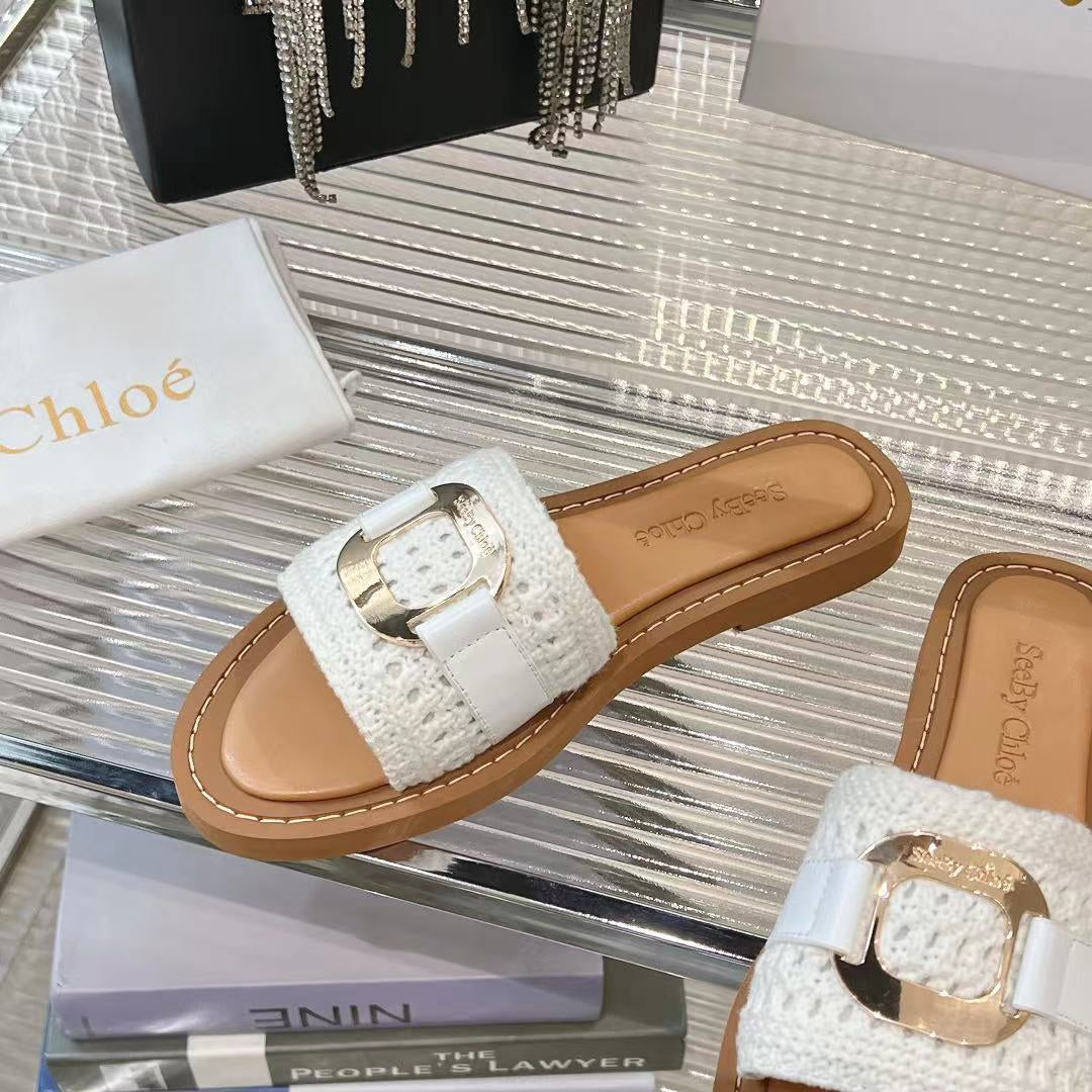 CHLO¨¦ WOVEN SLIDE MULE IN WHITE WOOL AND BROWN LAMBSKIN GOLD HARDWARE