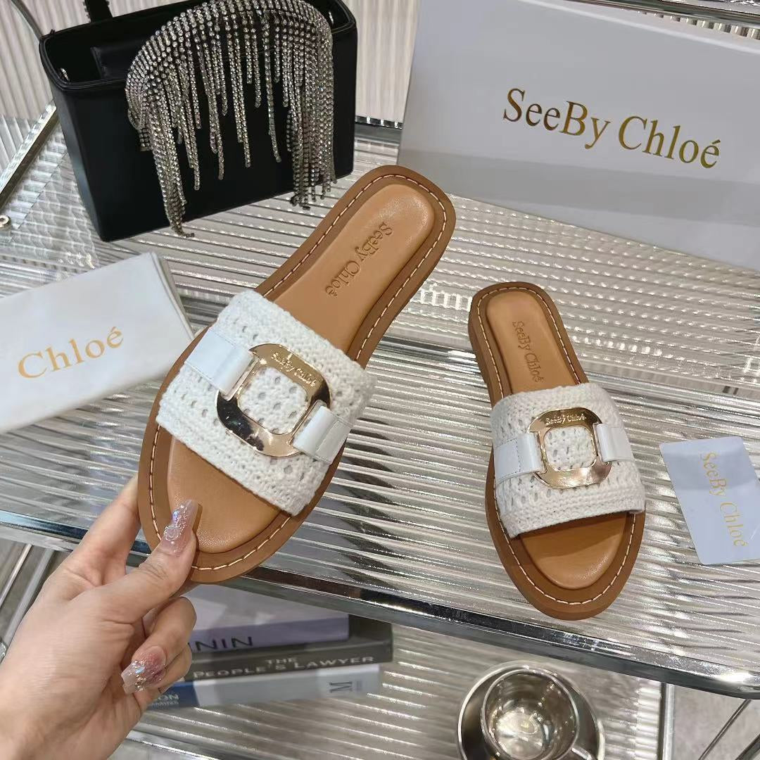 CHLO¨¦ WOVEN SLIDE MULE IN WHITE WOOL AND BROWN LAMBSKIN GOLD HARDWARE