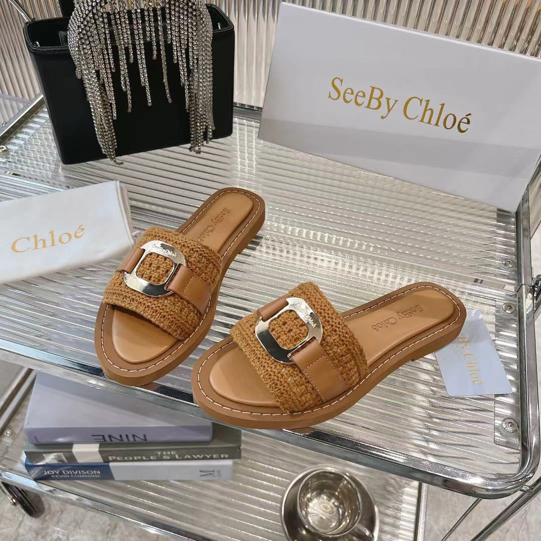 CHLO¨¦ WOVEN SLIDE MULE IN RUSSET BROWN WOOL AND LAMBSKIN GOLD HARDWARE