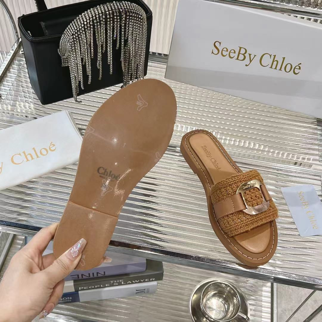 CHLO¨¦ WOVEN SLIDE MULE IN RUSSET BROWN WOOL AND LAMBSKIN GOLD HARDWARE