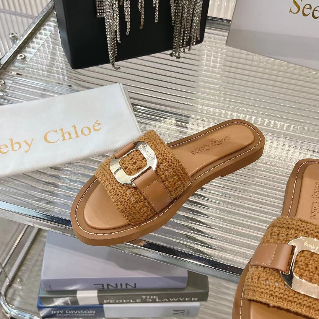 CHLO¨¦ WOVEN SLIDE MULE IN RUSSET BROWN WOOL AND LAMBSKIN GOLD HARDWARE