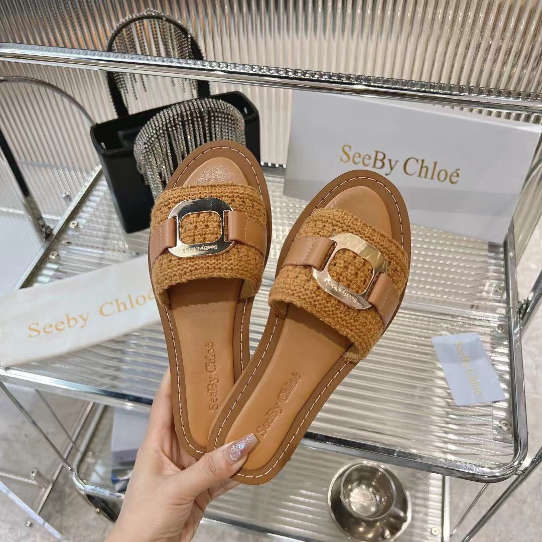 CHLO¨¦ WOVEN SLIDE MULE IN RUSSET BROWN WOOL AND LAMBSKIN GOLD HARDWARE