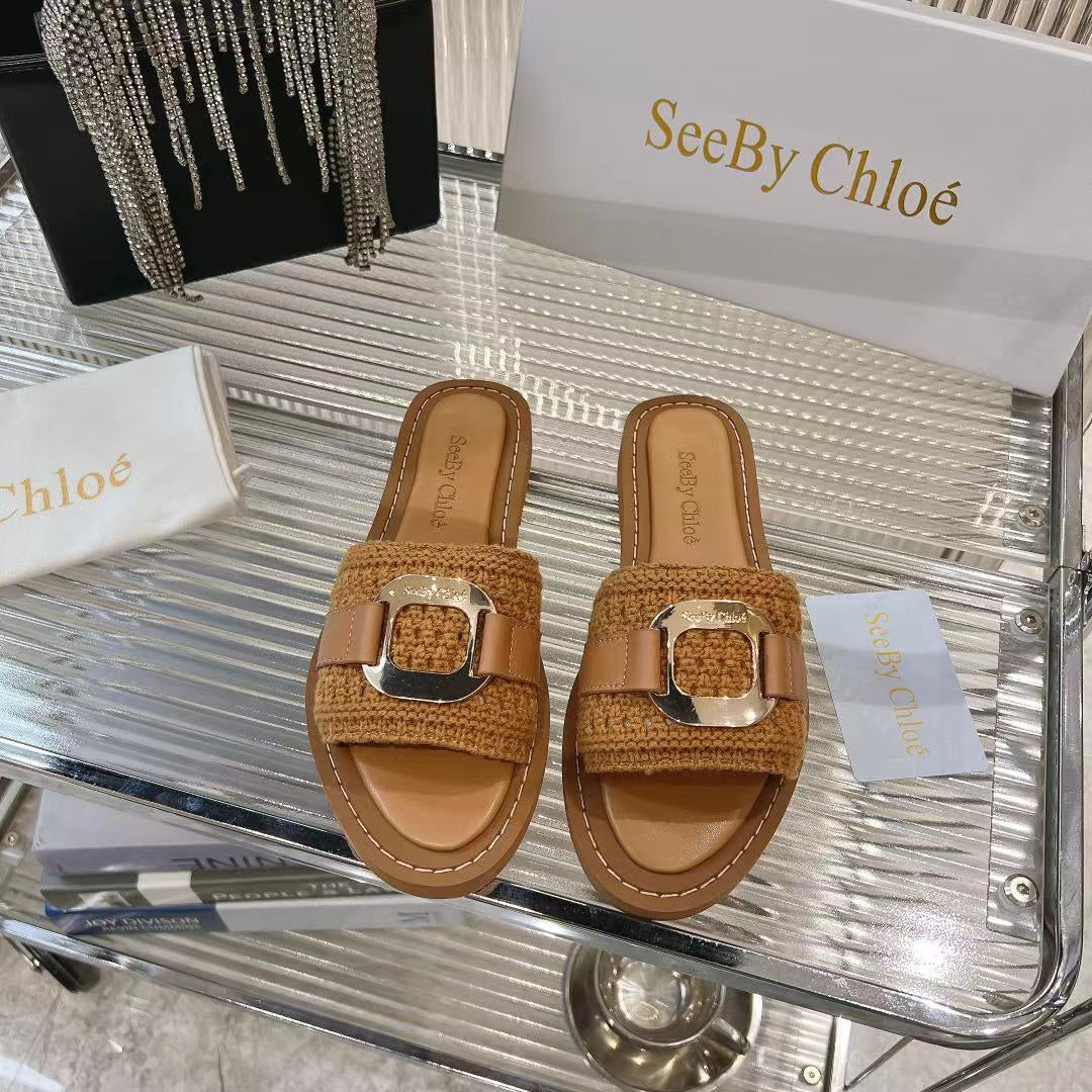 CHLO¨¦ WOVEN SLIDE MULE IN RUSSET BROWN WOOL AND LAMBSKIN GOLD HARDWARE