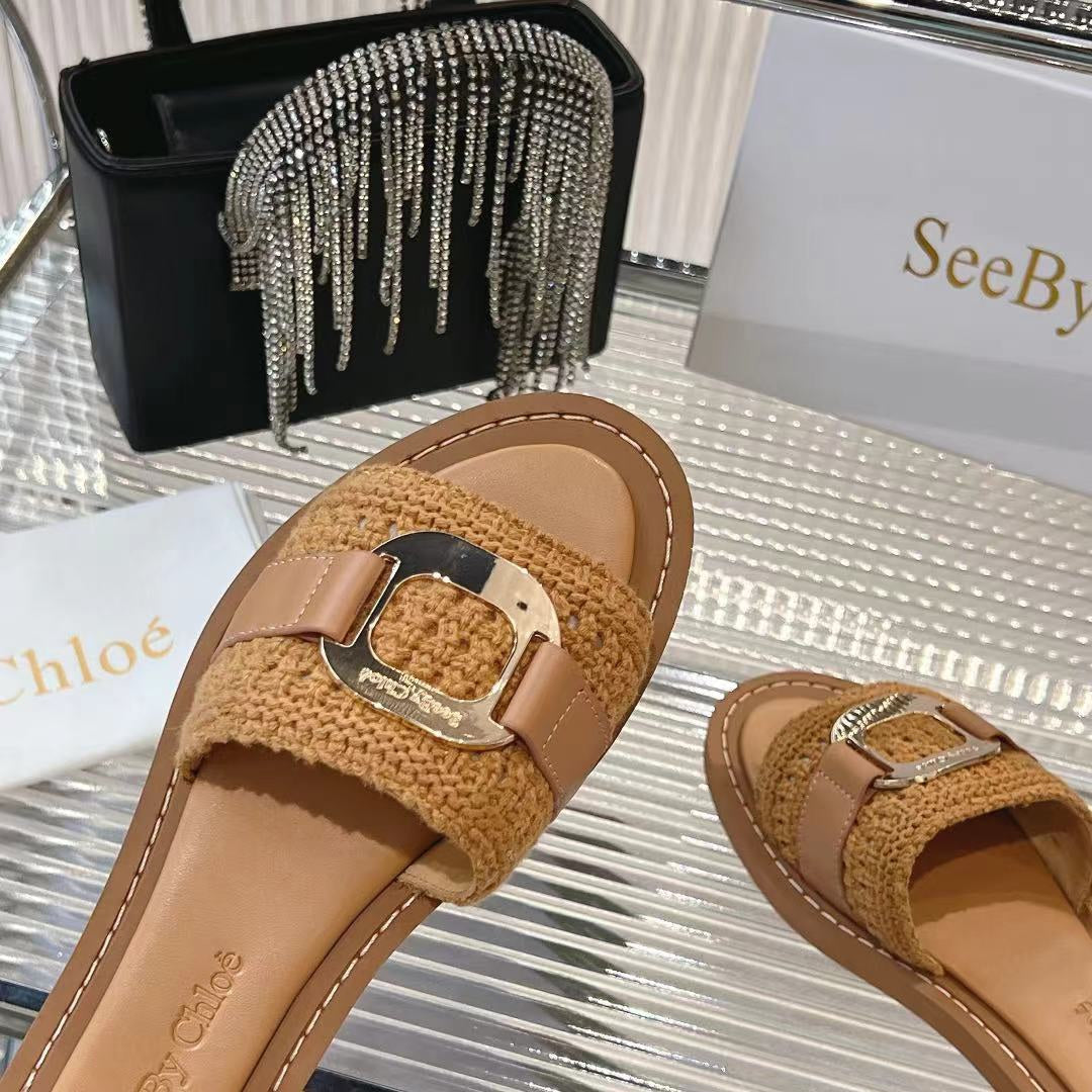 CHLO¨¦ WOVEN SLIDE MULE IN RUSSET BROWN WOOL AND LAMBSKIN GOLD HARDWARE
