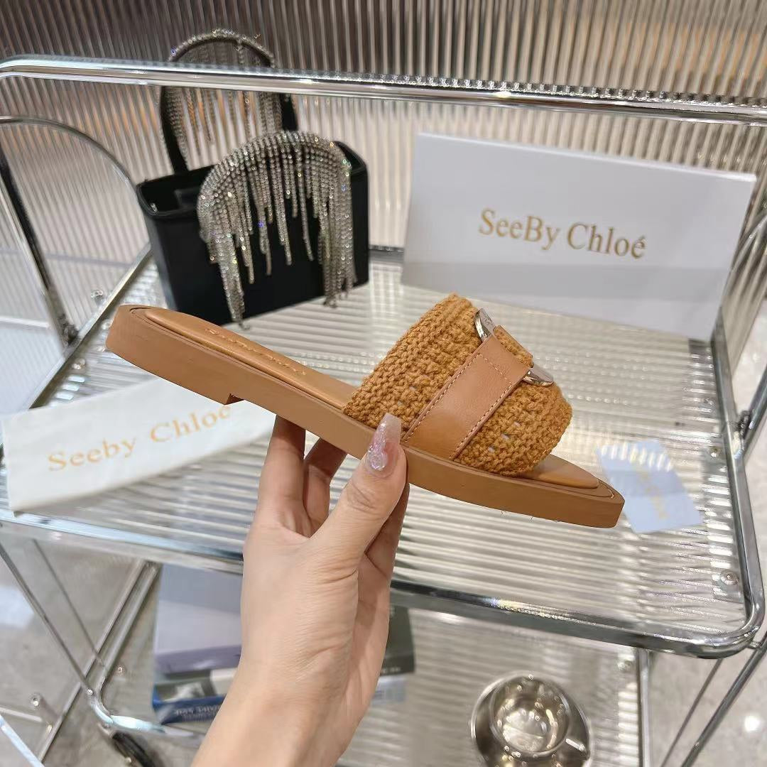 CHLO¨¦ WOVEN SLIDE MULE IN RUSSET BROWN WOOL AND LAMBSKIN GOLD HARDWARE