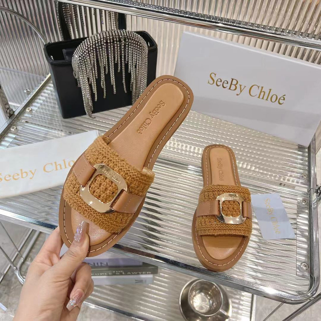 CHLO¨¦ WOVEN SLIDE MULE IN RUSSET BROWN WOOL AND LAMBSKIN GOLD HARDWARE