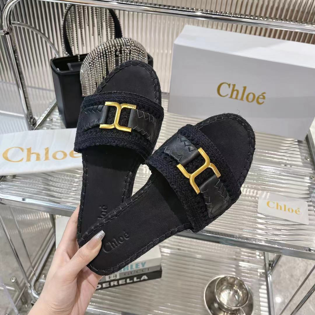 CHLO¨¦ WOVEN SLIPPER IN BLACK WOOL AND LAMBSKIN GOLD HARDWARE