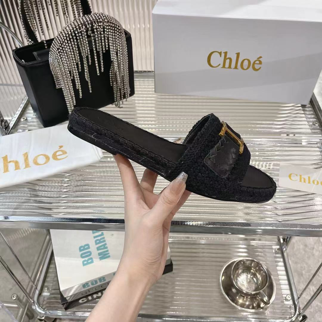 CHLO¨¦ WOVEN SLIPPER IN BLACK WOOL AND LAMBSKIN GOLD HARDWARE